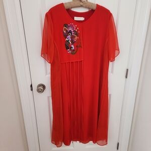 Jinshengjin Chinese Red Embroidered Chiffon Dress Size XL Flowy Summer